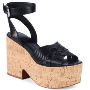 Sigerson Morrison Becca Black Leather Cork Wedge Sandals Ankle Strap Platform 10